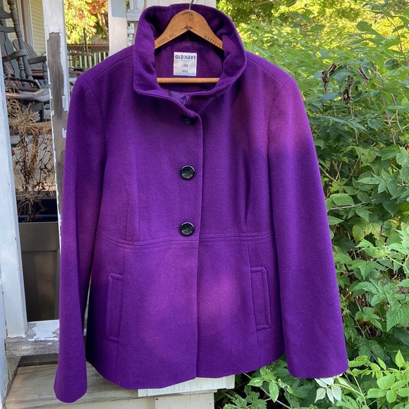 Old Navy Purple Ruffled Collar Wool Blend Peacoat Women's Size L - Picture 10 of 10